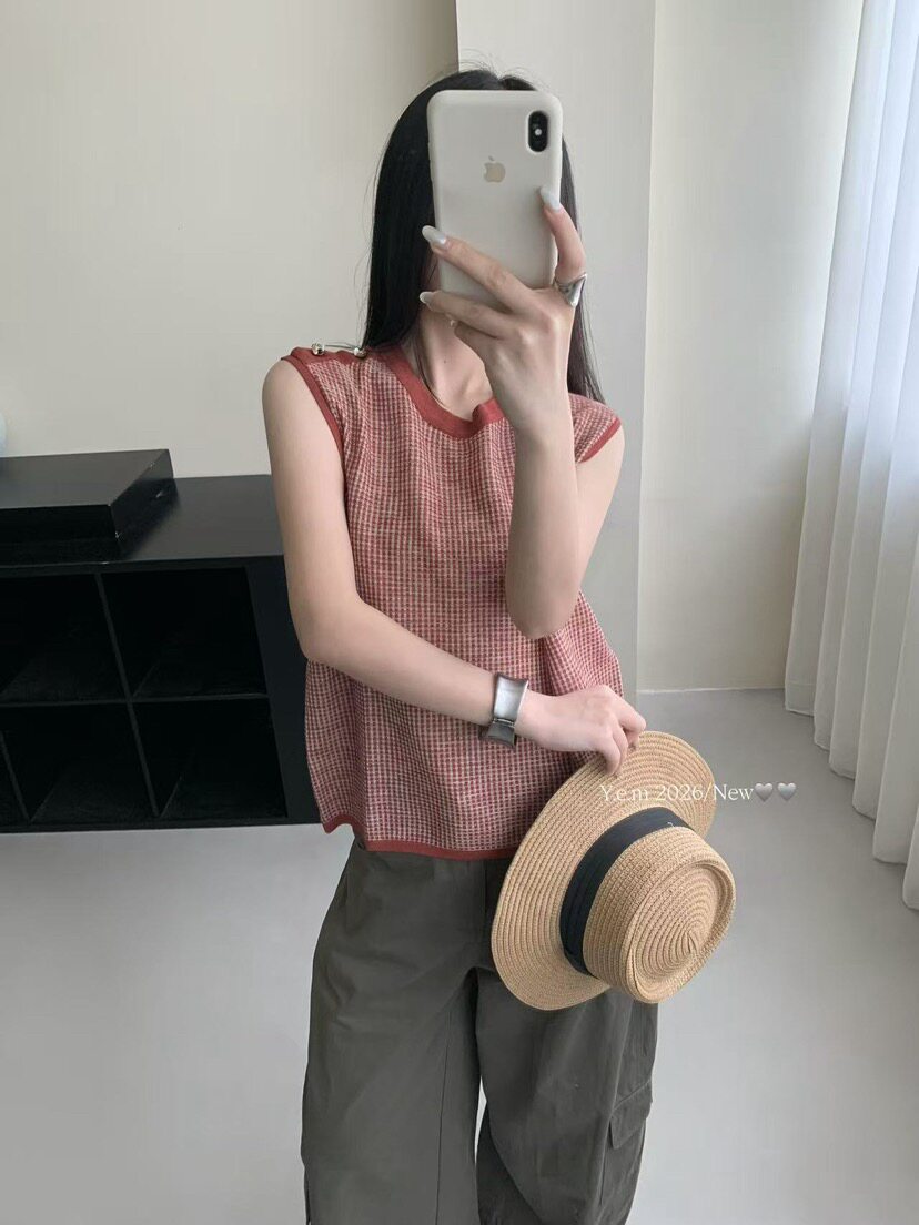 韩系圆领千鸟格无袖针织背心女夏季宽松百搭显瘦减龄冰麻马甲上衣