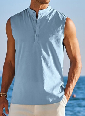 2026春夏亚马逊男装新款半开筒无袖打底衫欧美户外男士休闲背心男