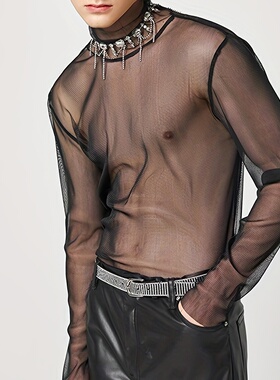 高领长袖落肩t恤男性感夜店服透气网纱上衣打底衫男士演出服