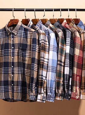 26春秋新款日系复古格子衬衫男长袖磨毛休闲青年跨境男装衬衣