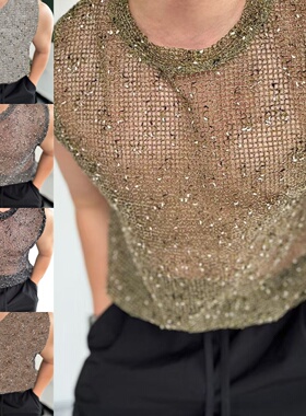 跨境夜店男士性感针织无袖上衣镂空网格背心T恤衫上衣性感派对装