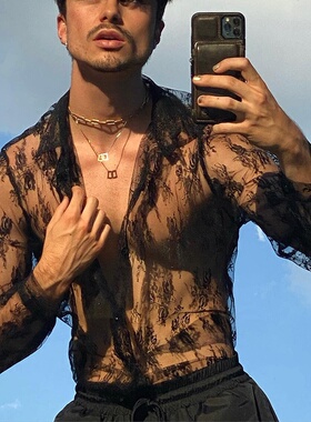 现货2026夏季新款跨境男装蕾丝长袖衬衣t恤网格衬衫打底衫男