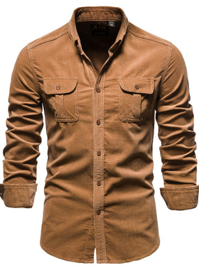 2025新款纯棉灯芯绒男士复古休闲长袖衬衫男免烫青年修身衬衣外套