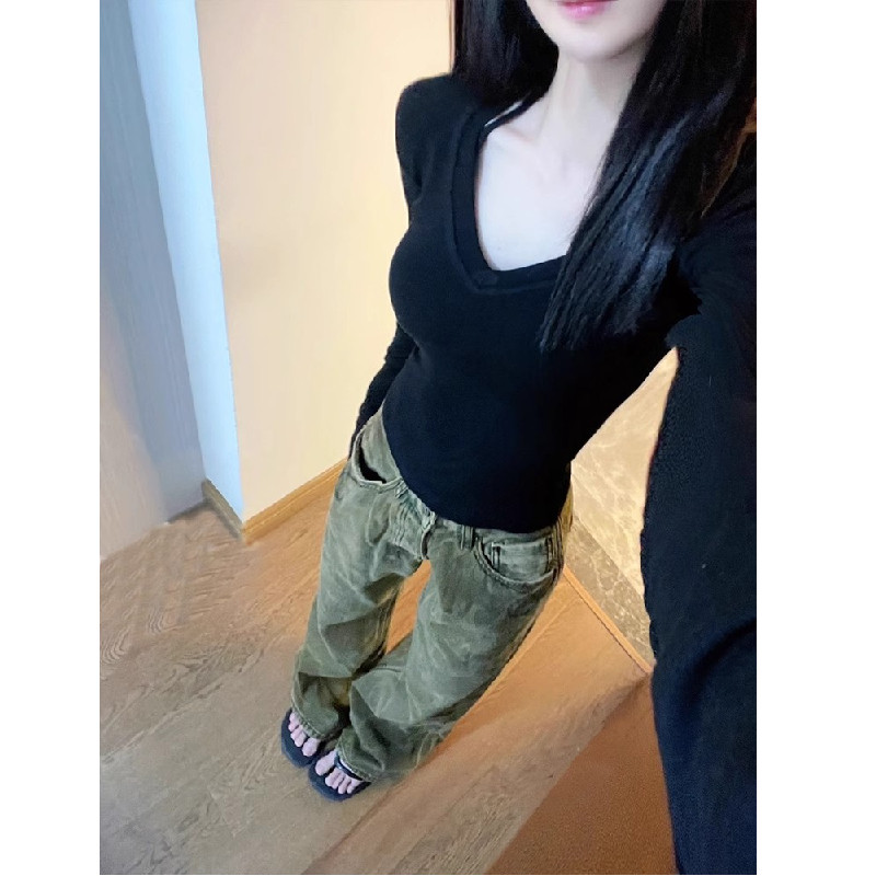 黑色V领正肩修身长袖T恤女秋季纯棉百搭显瘦慵懒内搭打底衫上衣潮,女装/女士精品,真丝上装,淘宝优惠券,粉丝福利购,淘宝优惠卷