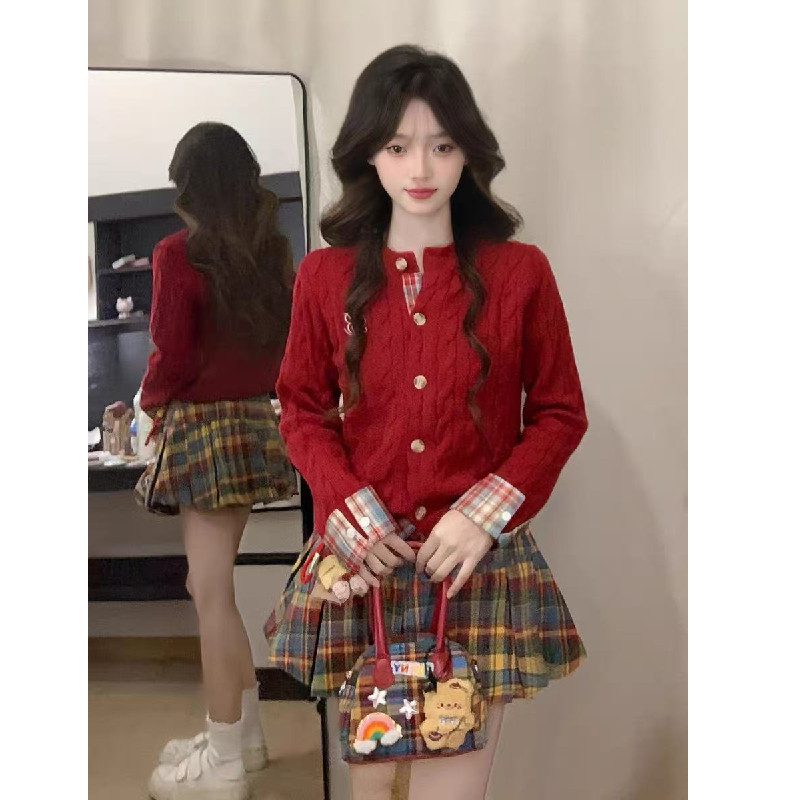 红色麻花假两件学院风针织开衫女