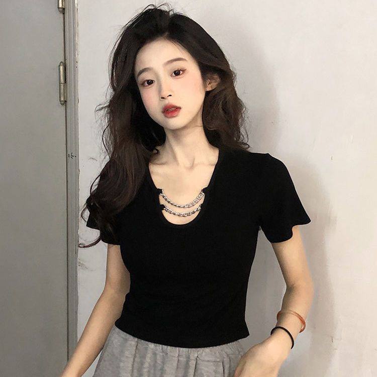 纯欲风辣妹链条短袖正肩T恤女夏季外穿性感高腰短款别致上衣ins潮