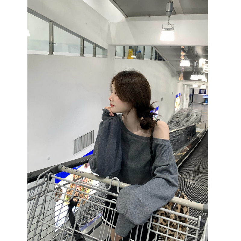 美式辣妹斜肩露肩宽松卫衣女上衣