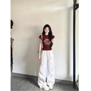 夏季 美式 T恤女2025新款 修身 小个子正肩纯棉上衣潮 甜酷酒红色短袖