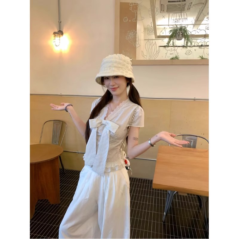 纯欲甜美蕾丝花边蝴蝶结短袖衬衣
