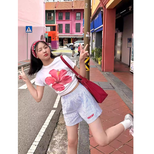知名度SHOP 韩系花朵印花正肩短袖T恤女夏季修身短款白色圆领上衣
