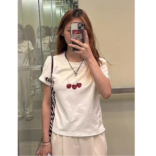知名度SHOP 小众设计感减龄小樱桃印花修身显瘦正肩短袖T恤上衣女