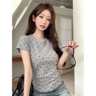 修身 爆款 2025新款 辣妹灰色波点圆领短袖 显瘦正肩上衣ins T恤女夏季