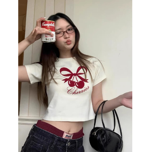知名度SHOP 樱桃蝴蝶结短袖T恤女装夏季正肩圆领修身短款辣妹上衣