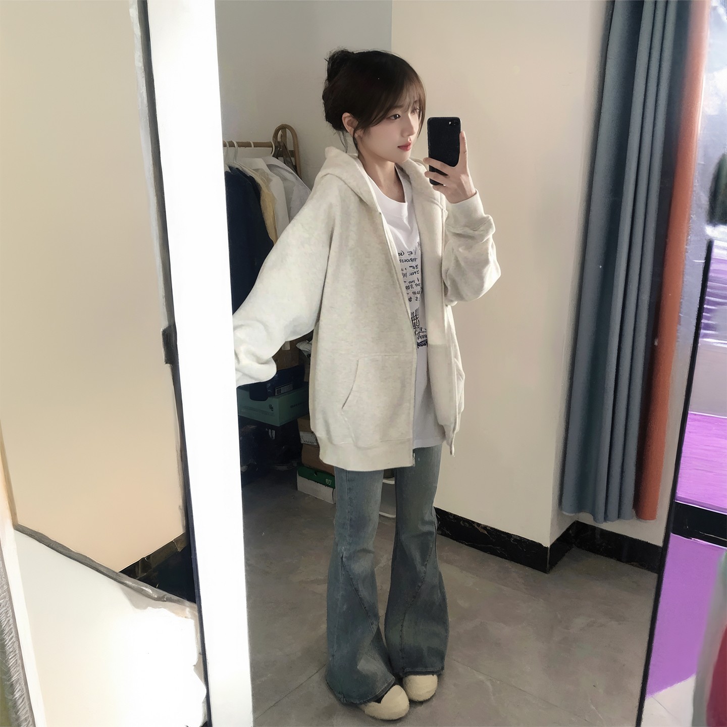 浅灰色连帽卫衣外套女2025新款