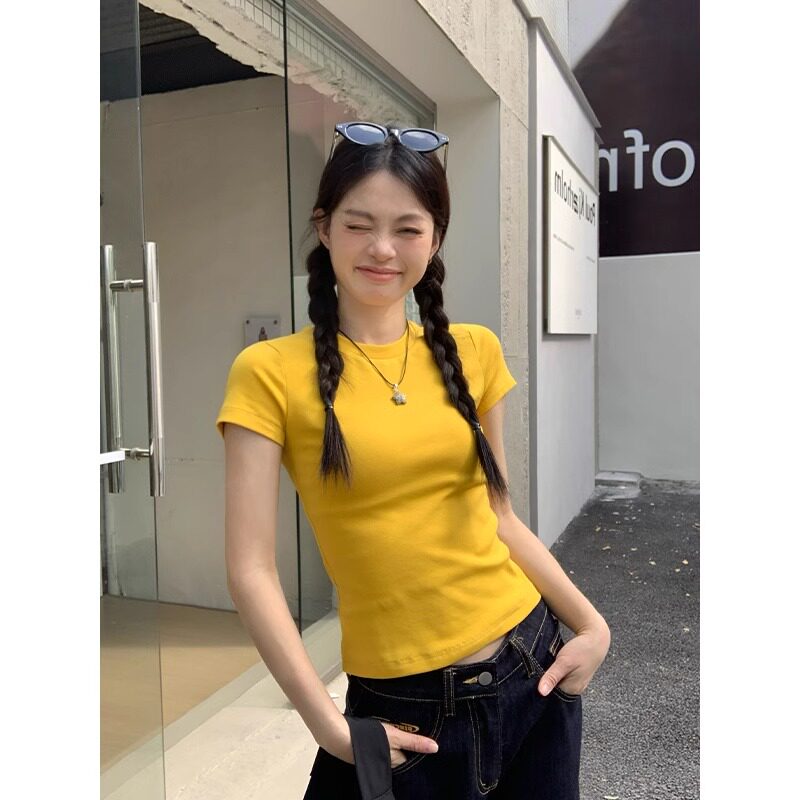 美式辣妹正肩黄色短袖T恤女夏季小个子圆领修身显瘦百搭短款上衣