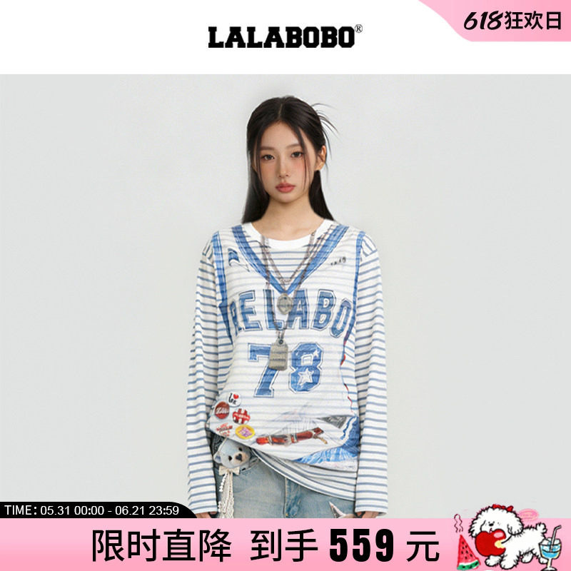 【商场同款】LALABOBO26年春新款网纱罩衫3D印花美式复古长袖T恤