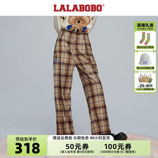 LALABOBO美式春秋新款复古格子刺绣宽松显瘦直筒阔腿休闲裤字女