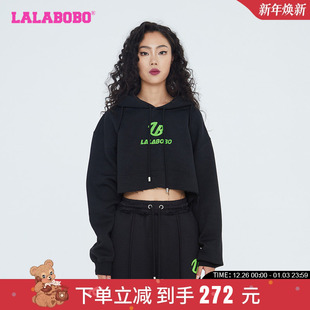 WSTS38 LBCC LALABOBO早秋新品 潮流金属荆棘熊抽绳套头连帽卫衣女