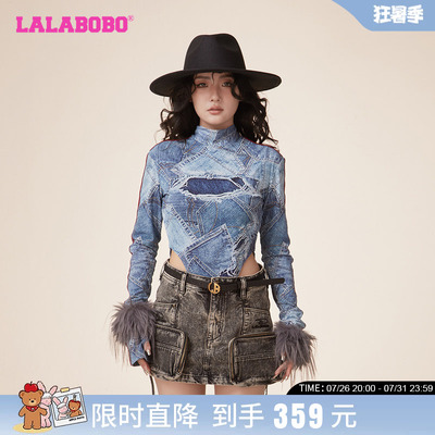 辣妹拼接休闲网纱高领长袖T恤女