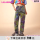 女重磅工印花牛仔裤 招财熊系列LALABOBO复古直筒长裤 傅菁同款