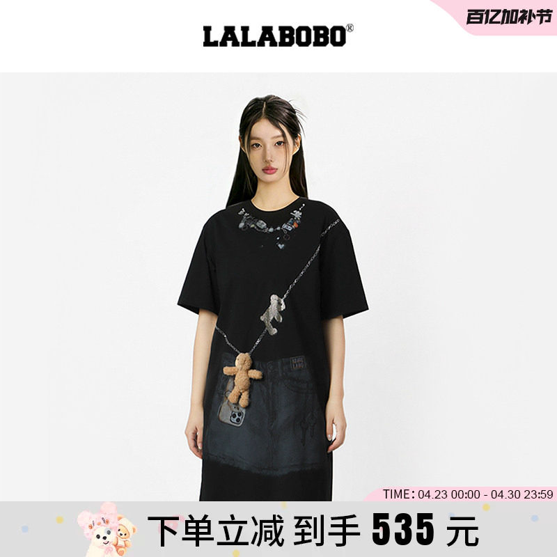【视错系列】LALABOBO26年新款T恤裙玩偶熊3D链条印花直筒连衣裙