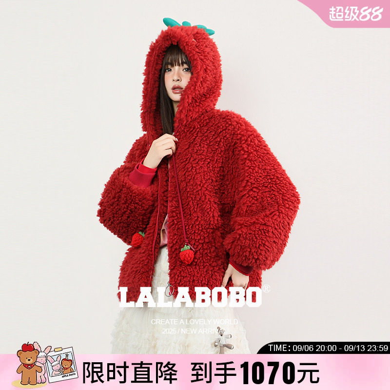 LALABOBO草莓帽子毛绒外套