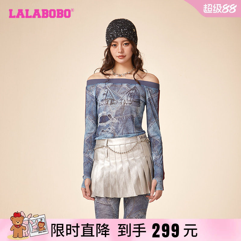 休闲废土风网纱一字领长袖T恤女