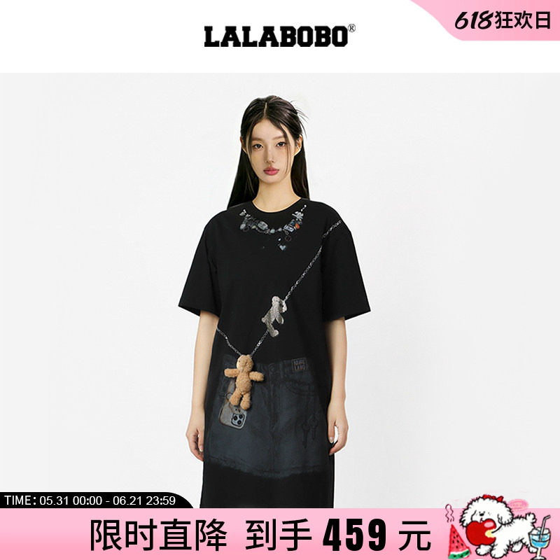 【视错系列】LALABOBO26年新款T恤裙玩偶熊3D链条印花直筒连衣裙