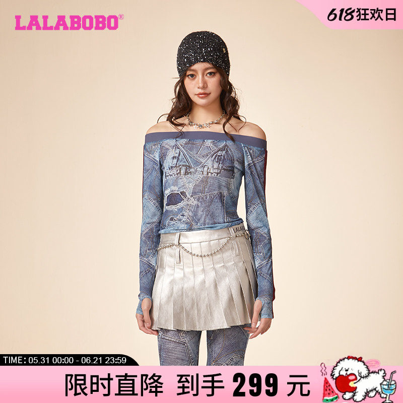 【王美妍同款】LALABOBO春休闲废土风网纱打底上衣一字领长袖T恤