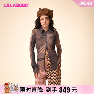 李欣燃同款LALABOBO春新休闲废土网纱熊翻领长袖T恤女LBDA-WSDT17
