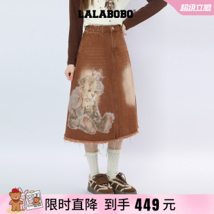 【复古时光】LALABOBO26年新款做旧牛仔裙美式小熊印花A字半身裙