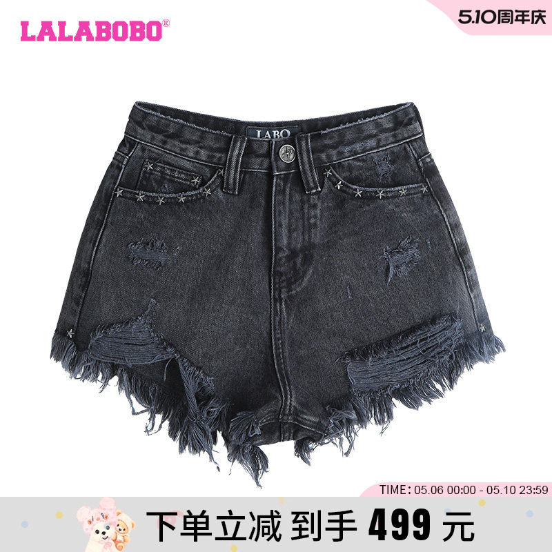 LALABOBO24早秋新款复古休闲纯色高腰纯棉牛仔短裤女|LBDB-WXZD11