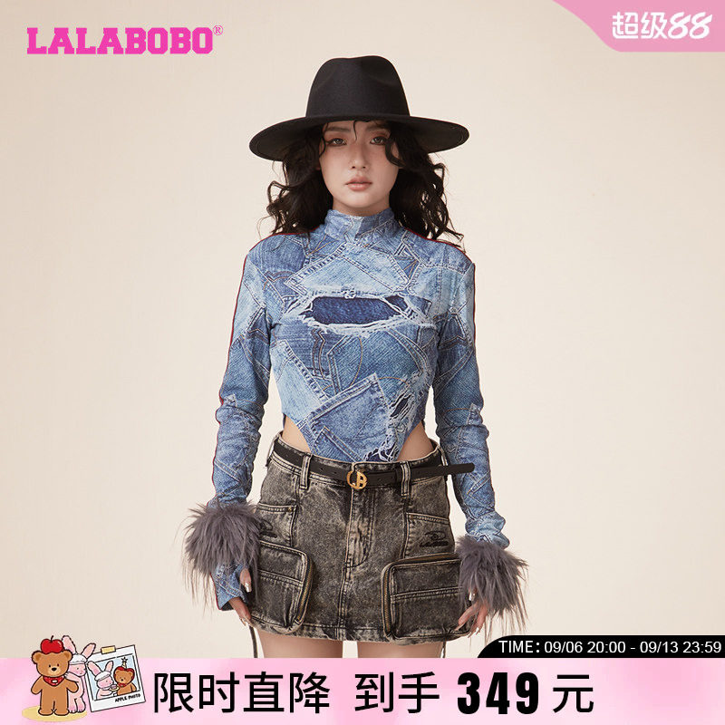 辣妹拼接休闲网纱高领长袖T恤女