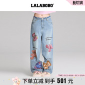 新款 QQ熊原创小熊印花牛仔裤 LALABOBO 宽松阔腿裤 周深同款