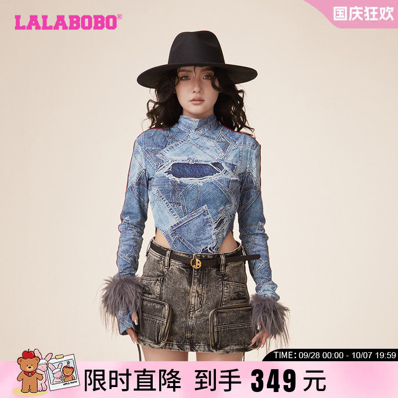 辣妹拼接休闲网纱高领长袖T恤女