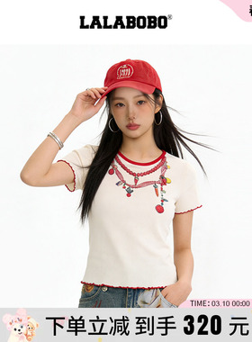 【商场同款】LALABOBO26年春新款正肩短袖撞色花边3D印花修身T恤