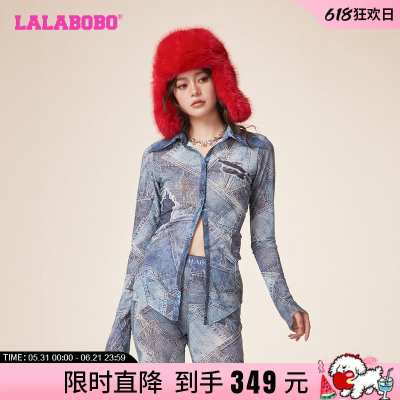 张慧贤同款LALABOBO24春休闲废土风网纱翻领长袖T恤|LBDA-WSDT13