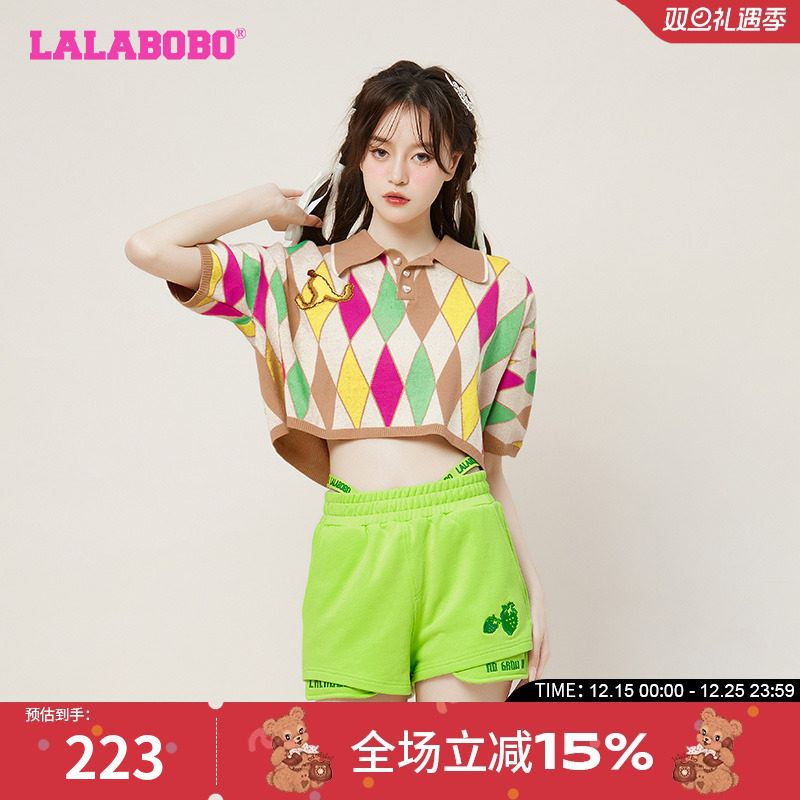 拼色菱形水果翻领短袖女针织线衫