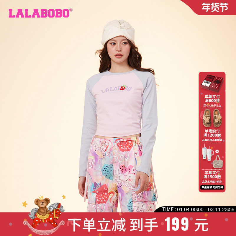 LALABOBO24春新打底衫拼色抽绳草莓圆领套头长袖T恤|LBDA-WSDT44,女装/女士精品,T恤,淘宝优惠券,粉丝福利购,淘宝优惠卷