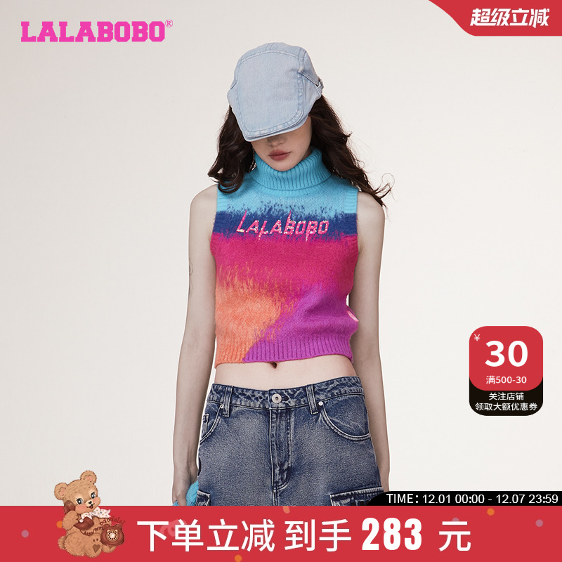 休闲治愈镶钻渐变毛织高领背心女