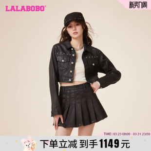 LBDA 牛仔夹克外套女 WSJW12 LALABOBO翻领字母复古大码 成梦鑫同款