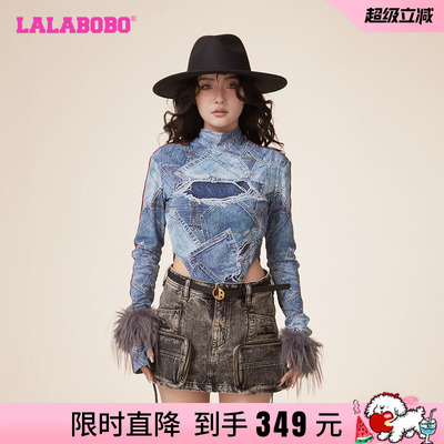 辣妹拼接休闲网纱高领长袖T恤女