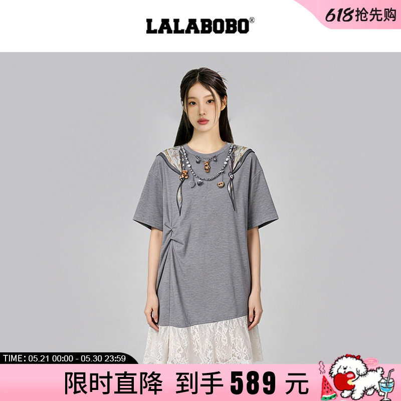 【视错系列】LALABOBO26夏新款T恤裙女蕾丝拼接3D印花宽松连衣裙