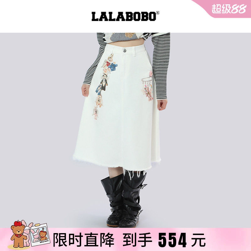 牛仔裙3D小熊印花白色A字半身裙