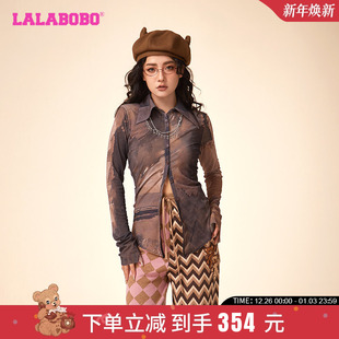 WSDT17 T恤女LBDA 李欣燃同款 LALABOBO春新休闲废土网纱熊翻领长袖