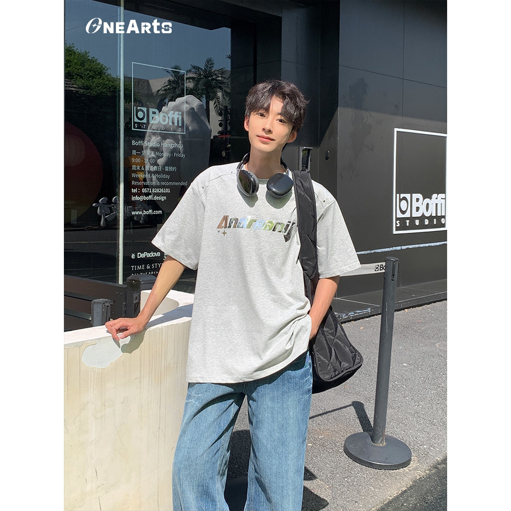 短袖男款2026新款纯棉夏季美式正肩重磅t恤圆领字母五分袖