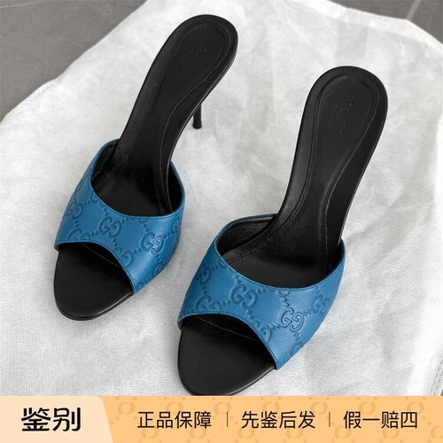 【微瑕特价 现货】GUCCI/古驰女款高跟凉鞋凉拖双G满花logo鱼嘴鞋