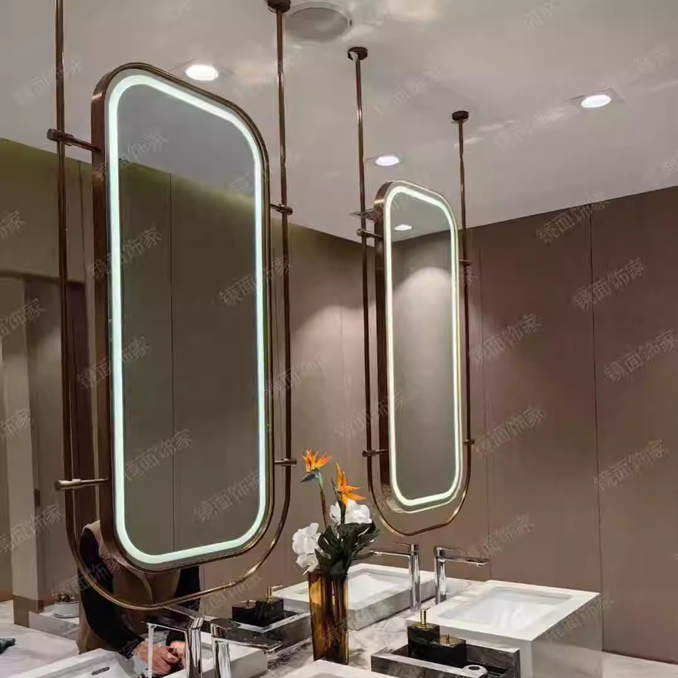 可定制圆角方形吊杆镜悬空吊镜智能镜发光吊镜酒店民宿浴室镜