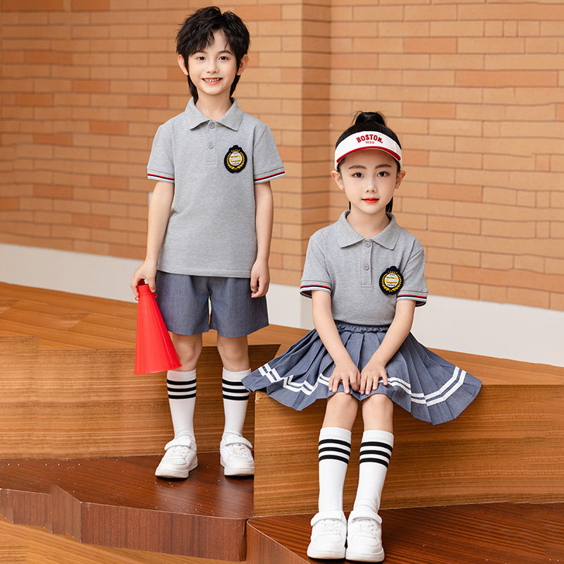 夏季儿童班服短袖运动套装学院风幼儿园园服灰色纯棉小学生毕业服