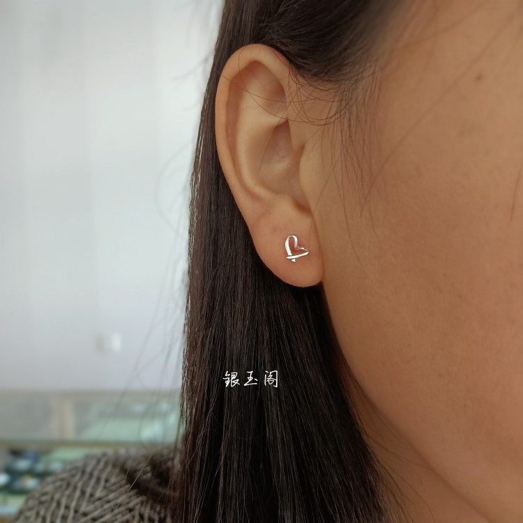 银耳钉女弯钩足银990银耳饰养耳洞不易过敏心形简约百搭银耳饰